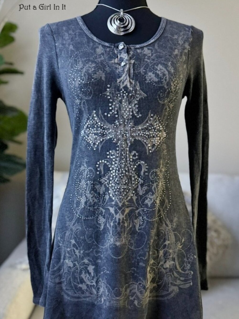 Vocal Apparel women's crystal mineral gray dyed asymmetrical shirt tunic s m l